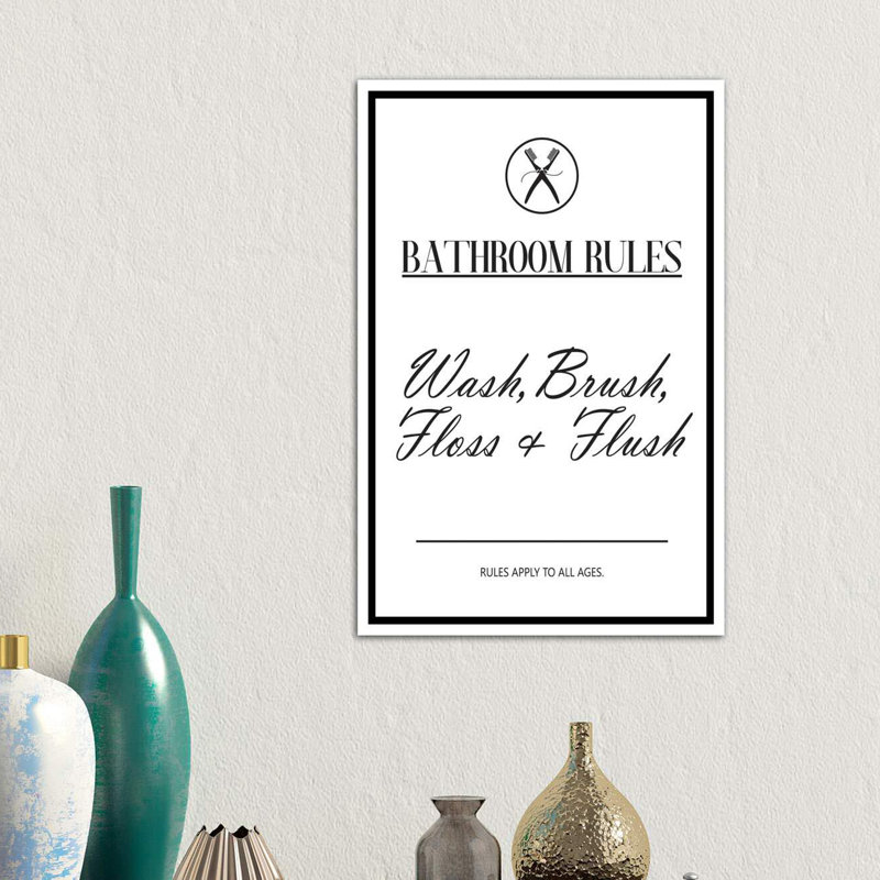 « salle de bain rules » par pixy paper, reproduction d’art textuel, H 60 po x l 40po x P 1,5 po, Toile blanche encadrée
