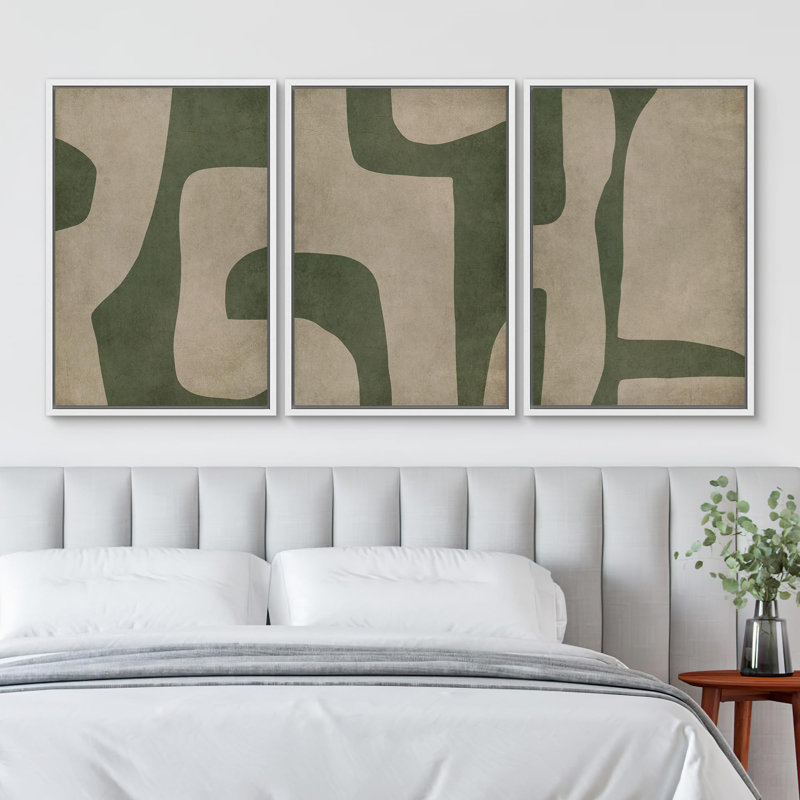 "Abstrait géométrique vert et beige, illustrations, art moderne, décor boho relax zen nordique" - 3 pièces, Blanc