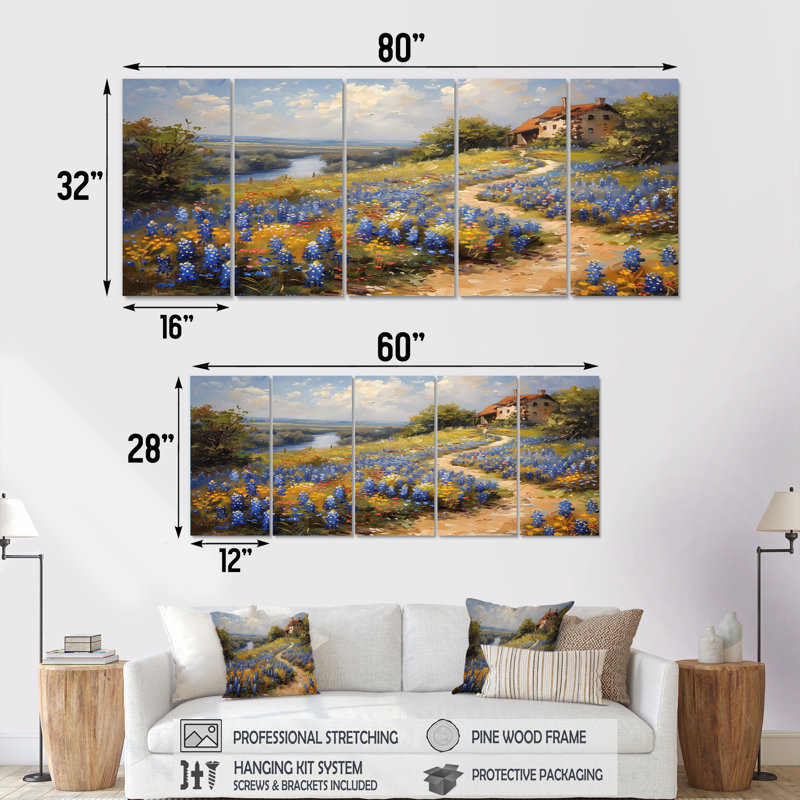 «Blue Green Meadow Charm Blue Bonnets VII», ensemble d'art sur toile Blue Bonnets, H 32 po x l 80 po