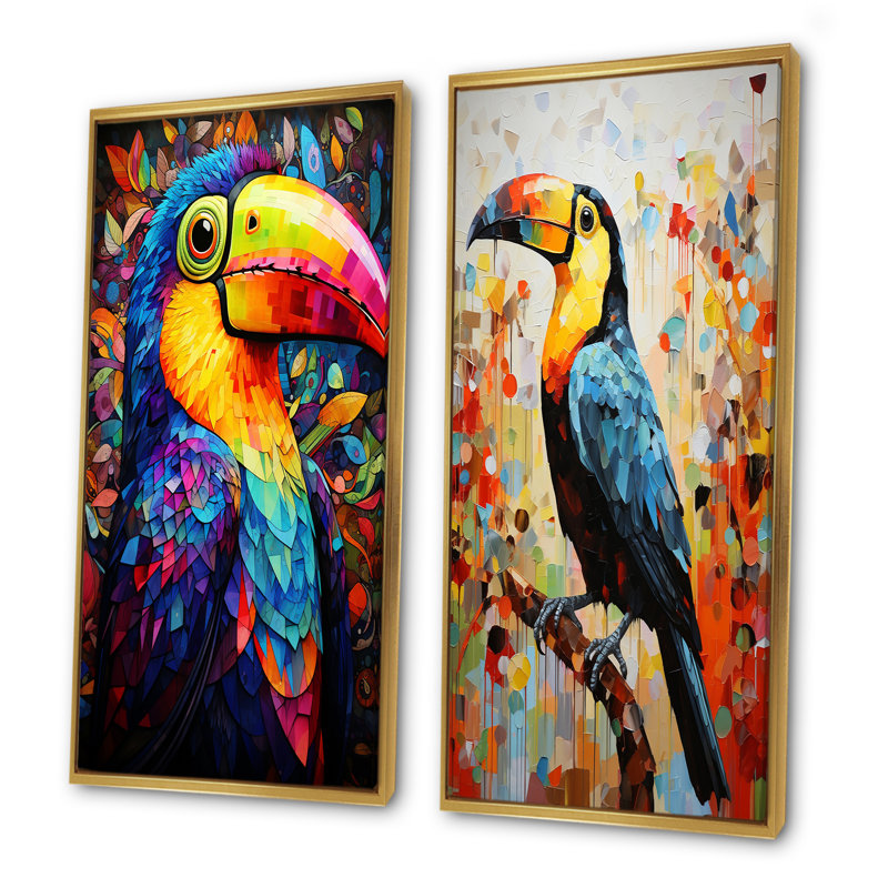 Toucan jaune et bleu, jungle tropicale I - ensemble de 2 impressions sur toile Toucan, H 28 po x l 25 po, Encadrement doré