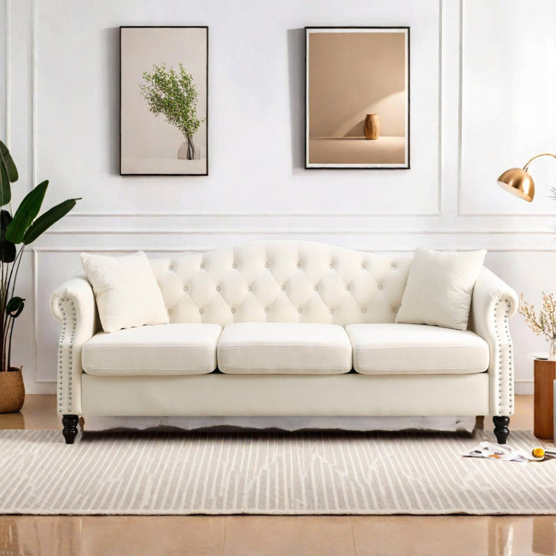 Canapé Chesterfield 79 po en velours 3 places avec garniture cloutée et coussins amovibles