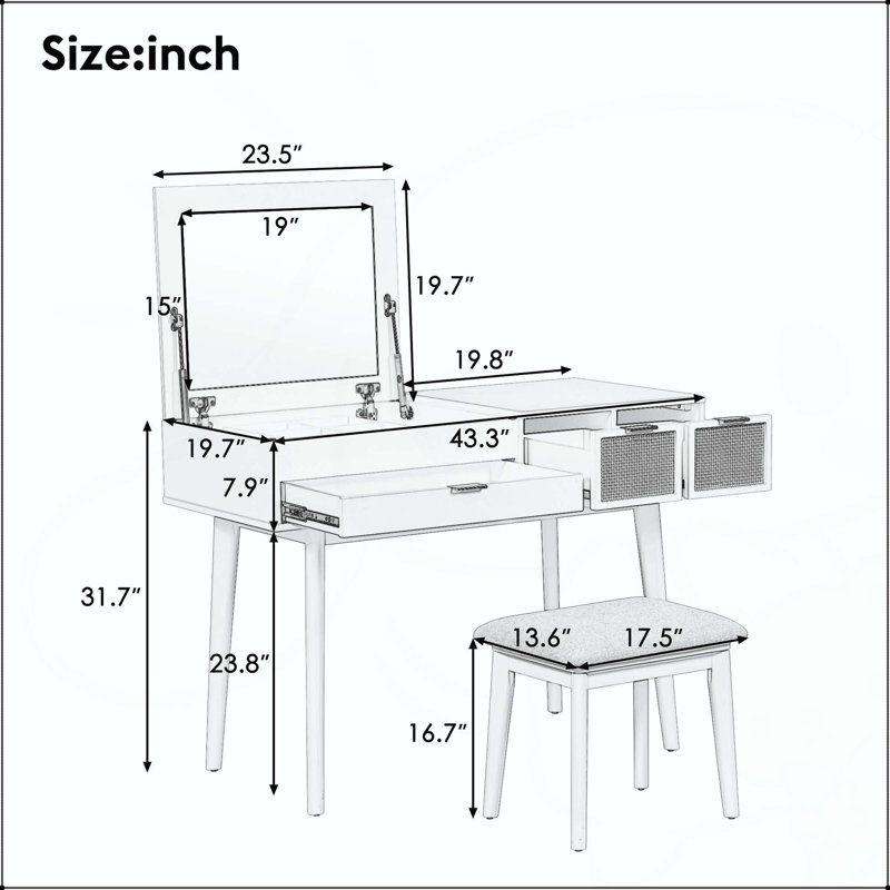 Ensemble coiffeuse classique en bois avec miroir rabattable et tabouret