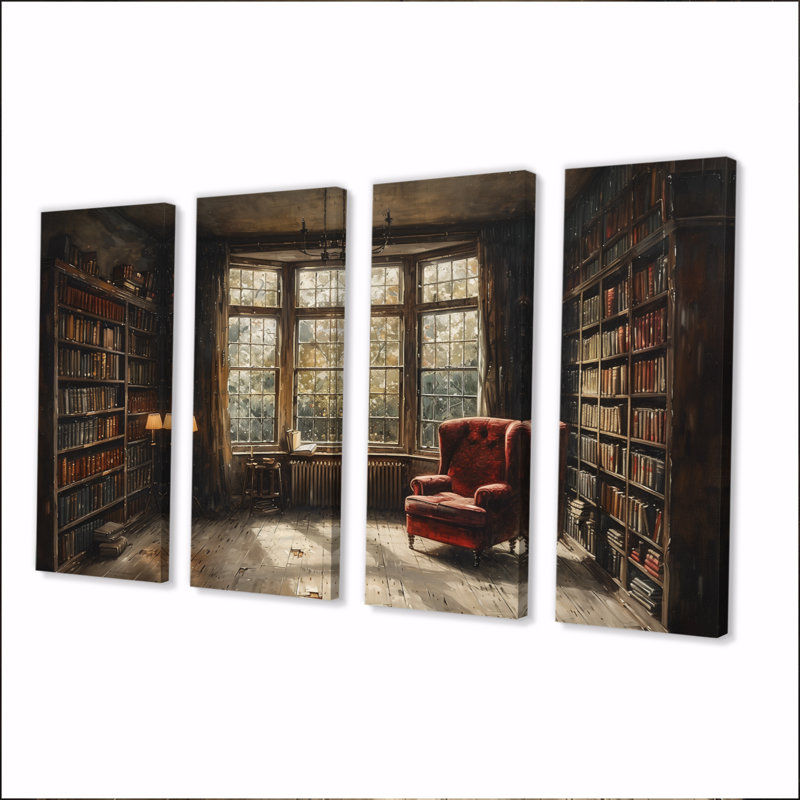Ensemble de livres sur toile brun et beige rétro avec bibliothèque I, H 28 po x l 48 po