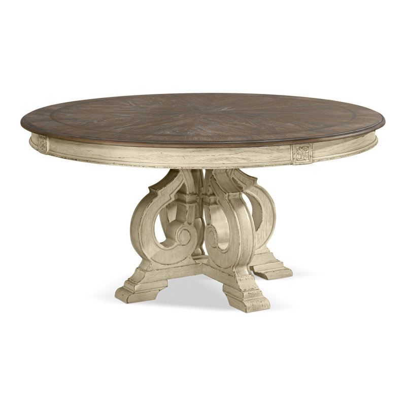 Marblewood 60'' Round Dining Table with Carved Pedestal Base, Antique White/Brown