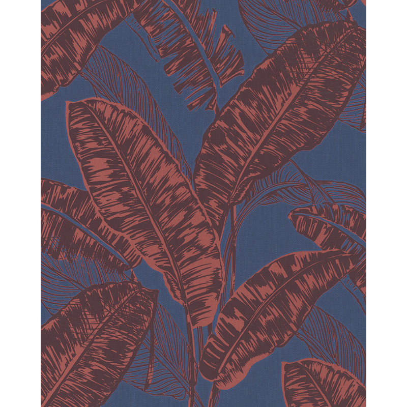 Kristyna Tropical Leaf Print 10m x 53cm Wallpaper Roll, Blue/Red