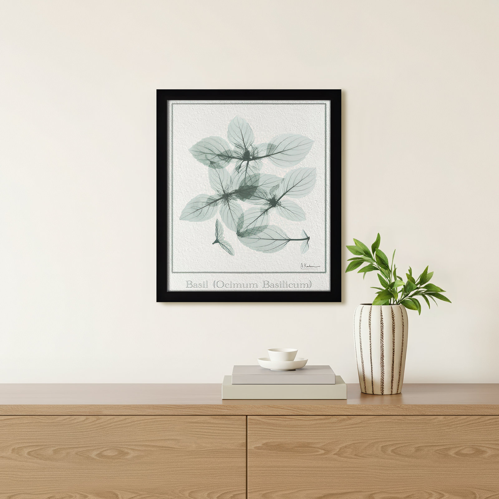 Jeanette "Basil Ocimum Basilicum" Painting, 15" H x 13" W x 1.25" D, Black Framed Paper