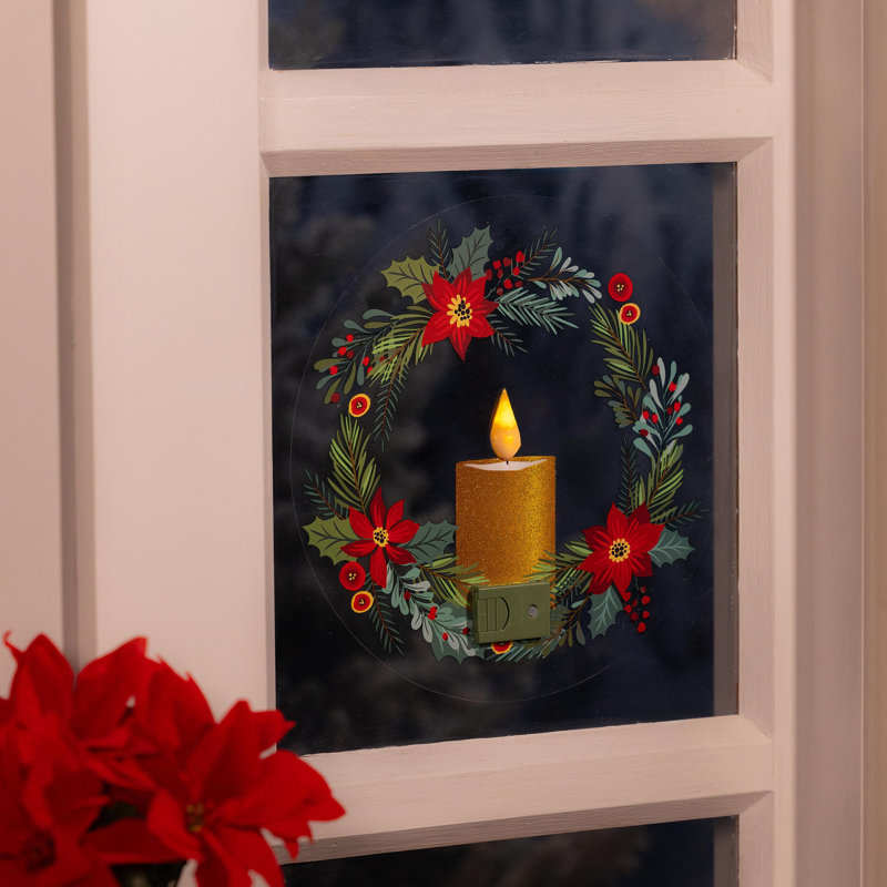 Décalcomanie pour fenêtre à DEL avec poinsettia et bougie scintillante