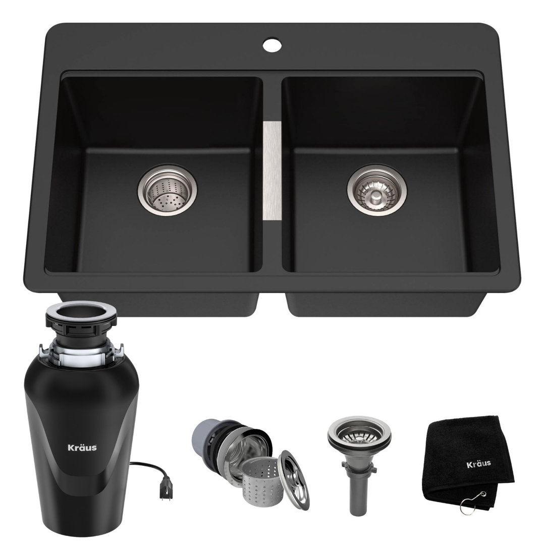 KRAUS 33 Inch Dual Mount Double Bowl Kitchen Sink with WasteGuard™ Garbage Disposal Kraus
