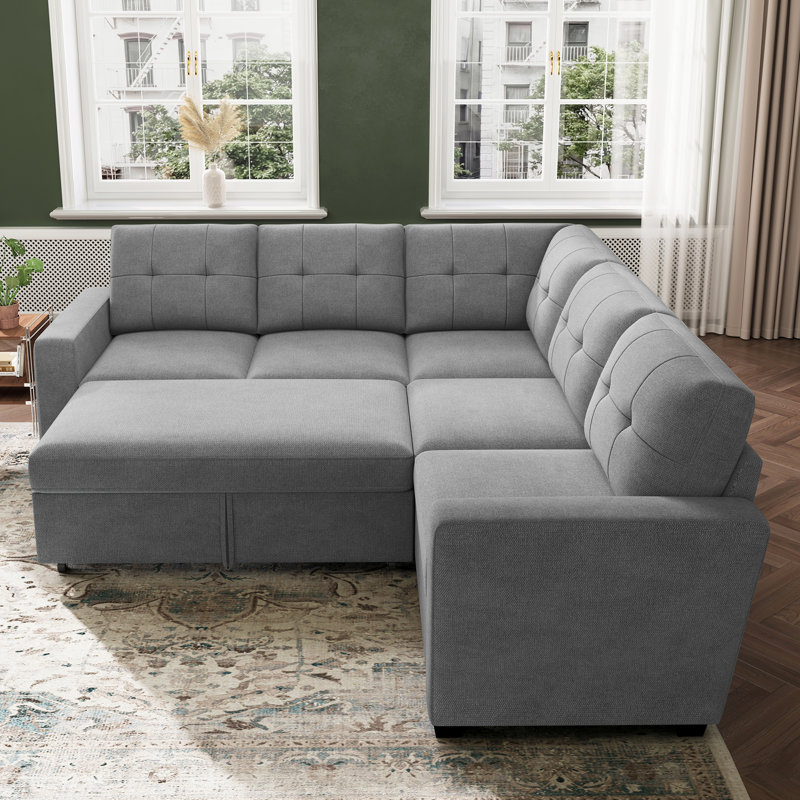 Abramson L-Shaped Corduroy Sectional Pull-Out Sofa Bed, Light Gray Polyester