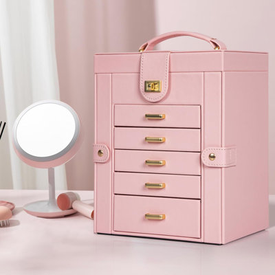 Grand organisateur de boîte à bijoux en cuir avec miroir - Étui de rangement multicouche pour bagues, colliers, boucles d'oreilles, bracelets et plus - Conception durable avec tiroirs coulissants et armoires cachées
