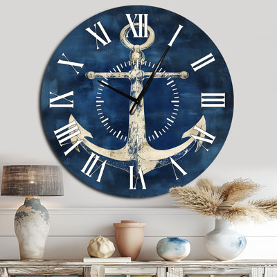 Horloge murale surdimensionnée en métal de style nautique « Ancre dans les profondeurs indigo ».