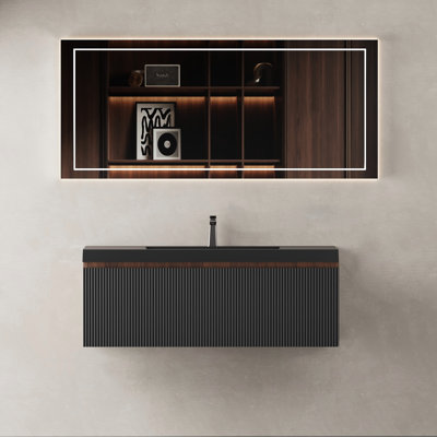 Meuble-lavabo flottant 42 po avec tiroirs à fermeture en douceur, façade texturée et lavabo en quartz noir