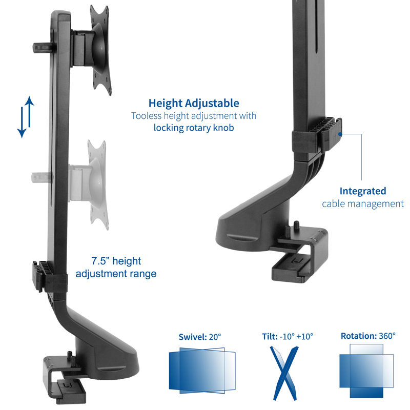 Black Steel Adjustable Single Monitor Mount for Standing Desk