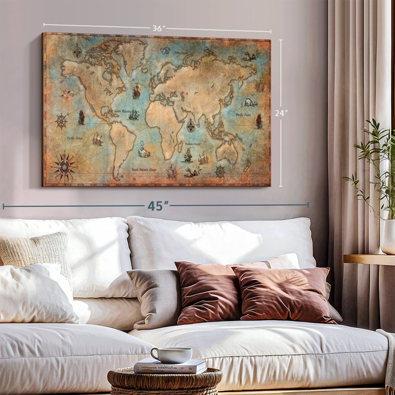 Carte du monde pirate sur toile, H 24 po x l 36 po