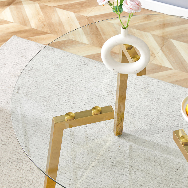 Modern Round Clear Tempered Glass Dining Table, Gold, 29.5" H x 36" W x 36" D