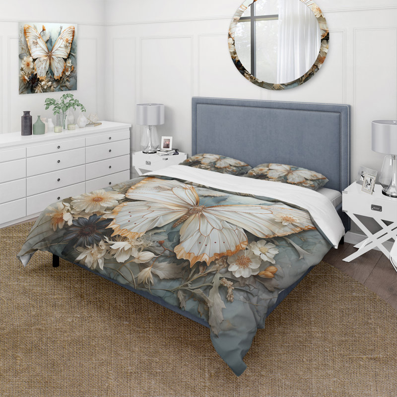 Ensemble de housse de couette en microfibre / polyester à motif de papillons blancs et gris