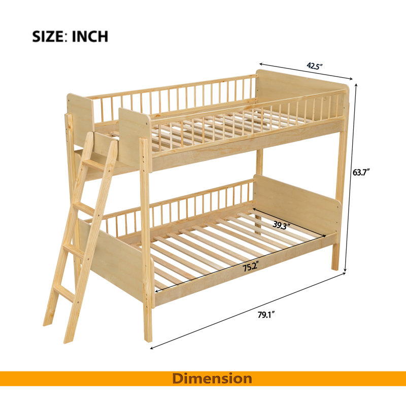 Lit superposé simple en bois avec 3 tablettes de rangement, l'échelle peut être changée à gauche ou à droite, Naturel