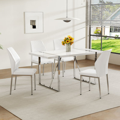 55" Dining Table Set, Wood Kitchen Table And Chairs Featuring A Thick Lacquered MDF Top, Sturdy Metal Frame, And Faux Leather Chairs