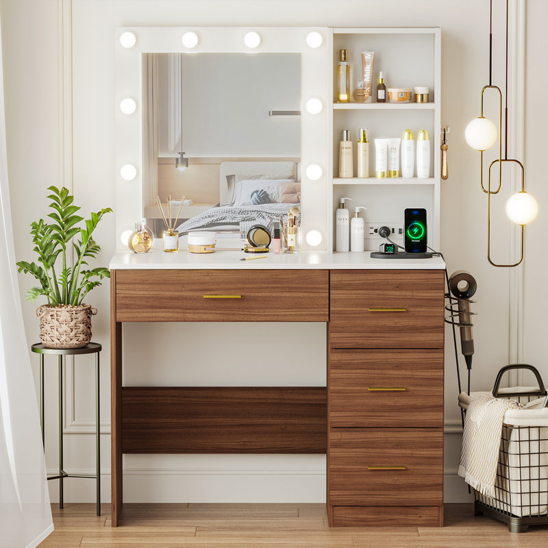 Makeup Vanity Desk With With 10 Light 3 Lighting Modes Brightness And Mirror And Power Outlet, Natural