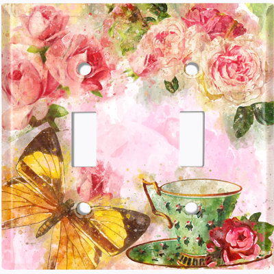 Plaque murale à 2 interrupteurs à bascule Flower Rose Tea Cup 1