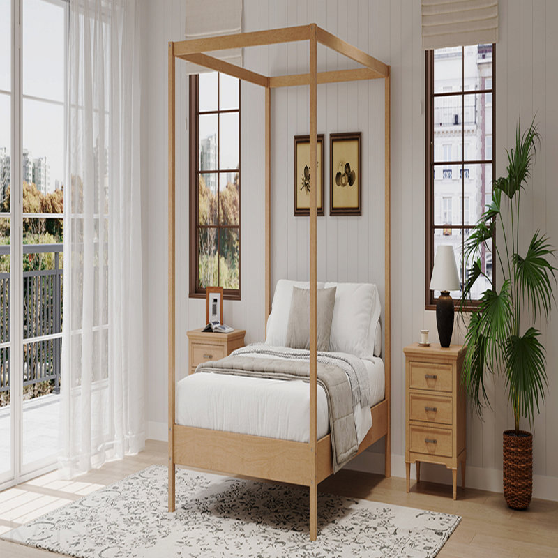 Solid Wood Queen Size Canopy Bed Frame Four Poster Platform Bed With Slats Support, No Box Spring Needed, Natural, Queen