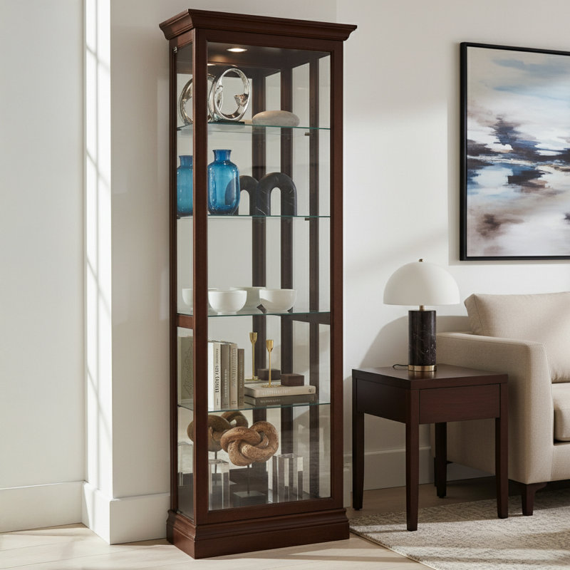 Brantley Solid Wood Lighted Curio Cabinet, Cherry Bordeaux