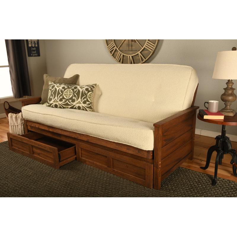 Futon double avec matelas avec rangement Emmiliano, 100% polyester crème cantonnée, Brun patiné