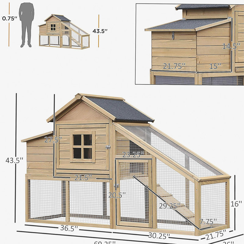 Poulailler en bois 69 po PawHut, poulailler en cage avec rampe de connexion, plateau amovible, fenêtre ventilée et nichoir, naturel
