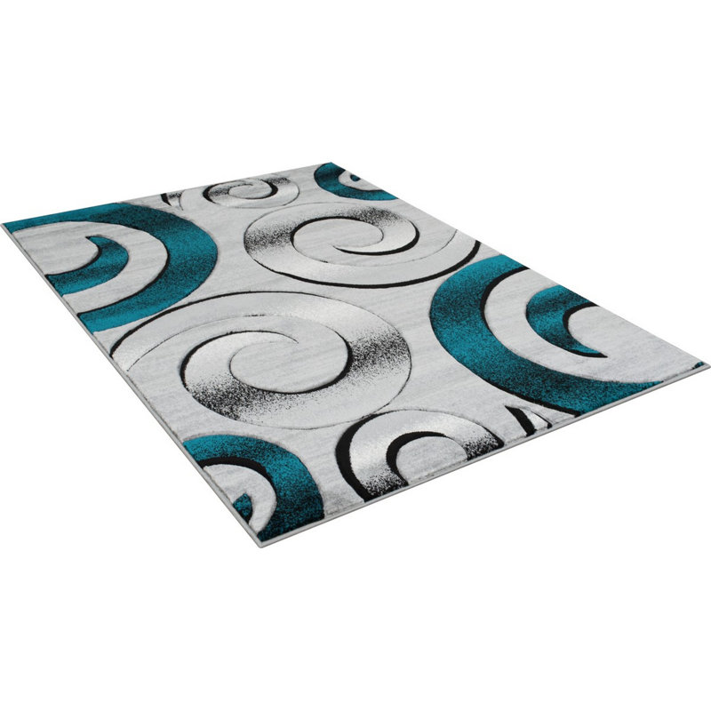 Tapis abstrait turquoise/gris zone Aftan, Rectangle 5 pi x 7 pi