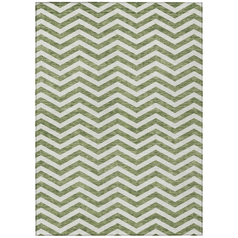 Tapis extérieur lavable à motif de chevrons vert et ivoire 10 pi x 14 pi