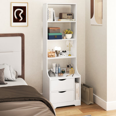 Bedroom Nightstand With Bookshelf And 2 Drawers, 18.49*13.14*57.26 In, Space Storage Solution Drawers & Bookshelf, Functional