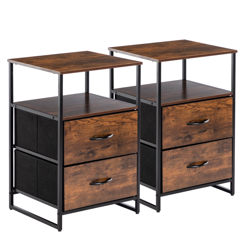 Kindall Industrial Rustic End Table Nightstand With Two Drawers And Open Shelf, Walnut