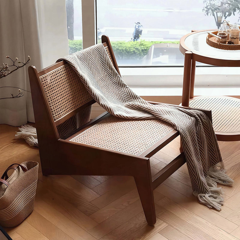 Méridienne Mid-Century en rotin - Finition noyer