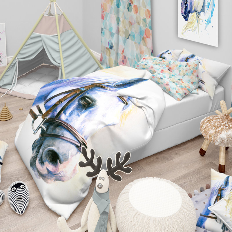 Ensemble de housse de couette cheval avec bride Designart, Housse de couette grand + 2 taies décoratives