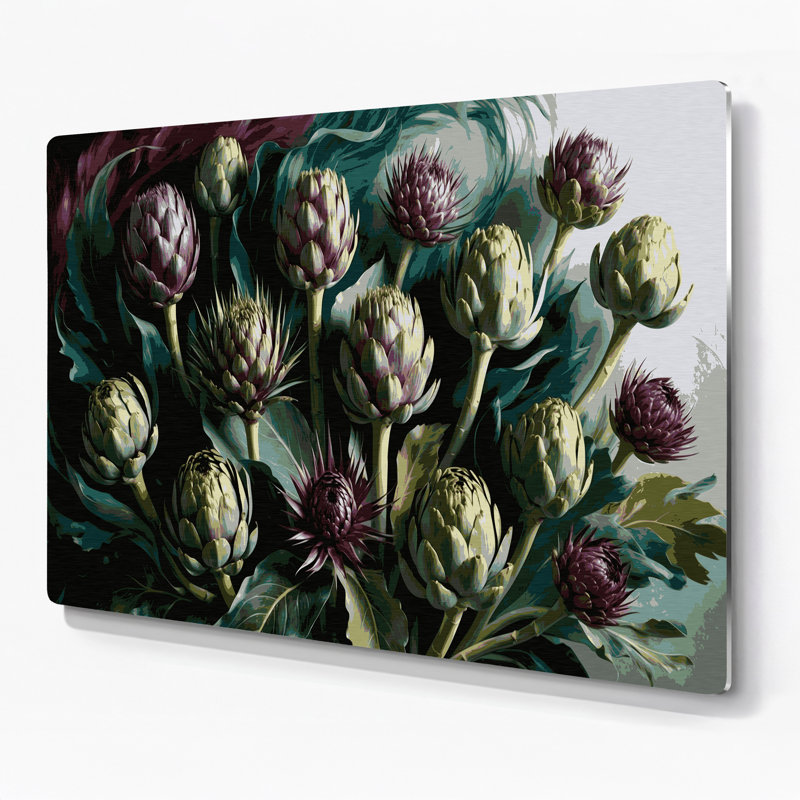 Art mural en métal légumes vert fleurs artichaut, H 12 po x l 18 po