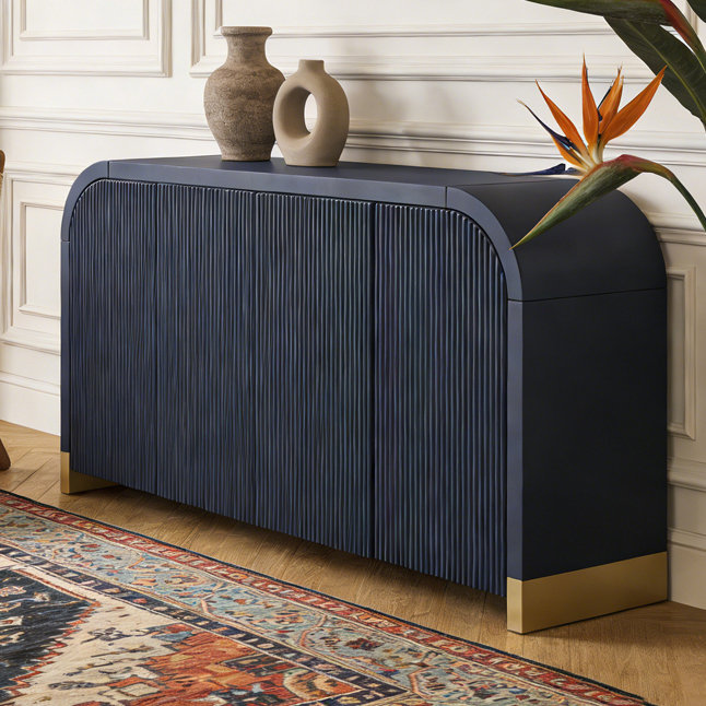 4-door Curved Corner Design Wavy Door Panel Cabinet with Adjustable Shelves, Navy Blue