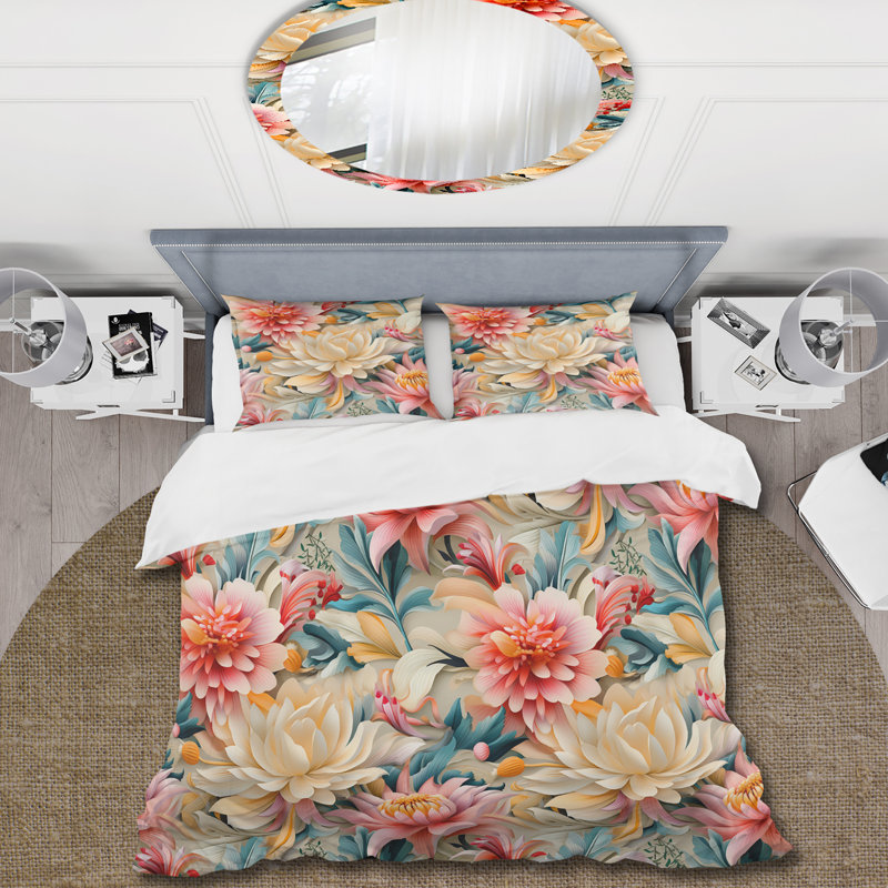Ensemble de housse de couette beige et rose Poppies Expression I, Housse de couette simple + 1 taie décorative stan