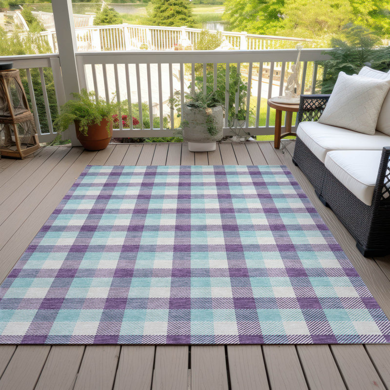 Purple and Aqua Plaid Washable Synthetic Area Rug