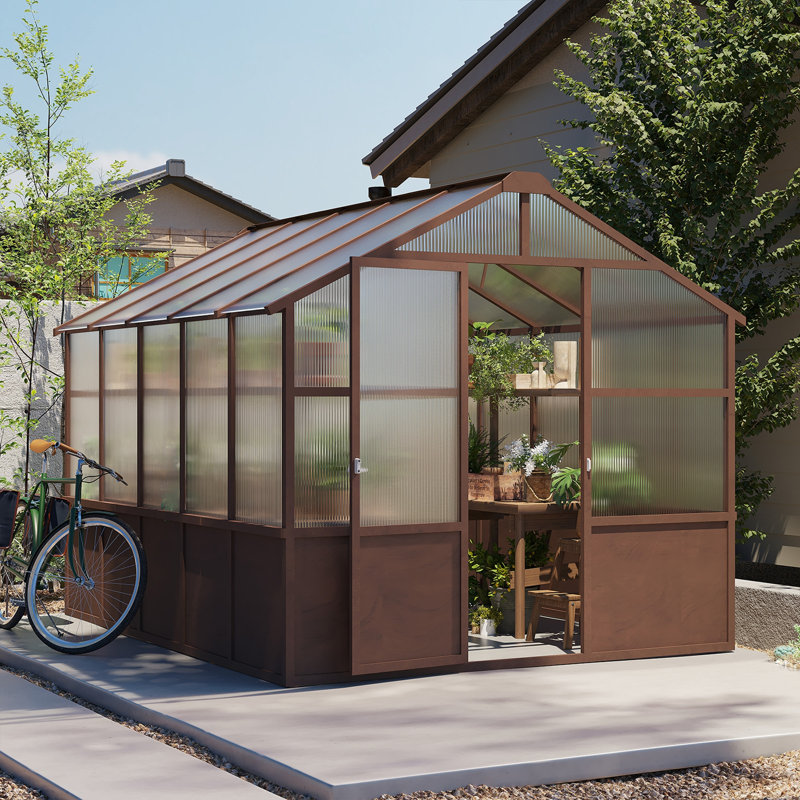 Ensemble de serre de 8 x 10 pi, serres en bois avec panneau en polycarbonate de 6 mm, serre avec évent réglable et porte verrouillable, serre pour l'extérieur, jardin, cour