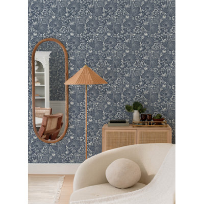 Idalia Navy Floral Flamingo Wallpaper