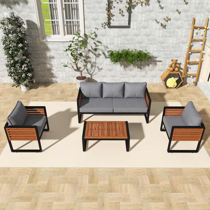 Canapé d'extérieur 72,44 po en métal et bois avec coussins gris, Gris
