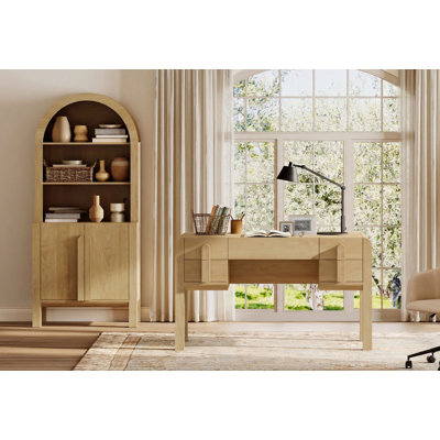 2 Piece Office Set, 53.5" Modern Executive Desk With Charging Station And Drawers & 71"H Tall 5-Tier Arched Bookcases With Storage Cabinet For Living Room, Bedroom, Home Office