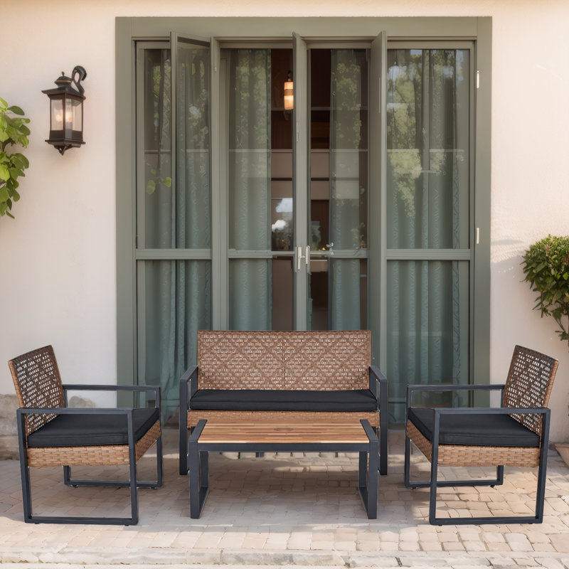 Mondy 4 - Person Patio Conversation Set with Cushions, Light Brown, Black