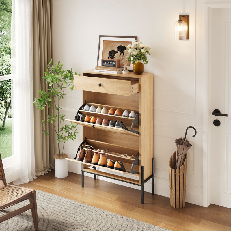Armoire de rangement à chaussures 2 portes avec façades en rotin et tiroir / organisateur de hall d'entrée autoportant avec tablette réglable