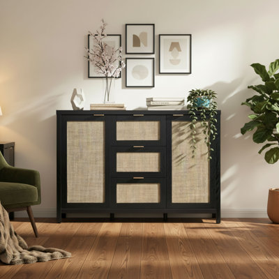 Large Black Oak Rattan Sideboard With 3 Drawers And 2 Doors; Spacious Interior; Bohemian + Farmhouse Style; Multi-Functional Storage Cabinet For Living Room And Kitchen.