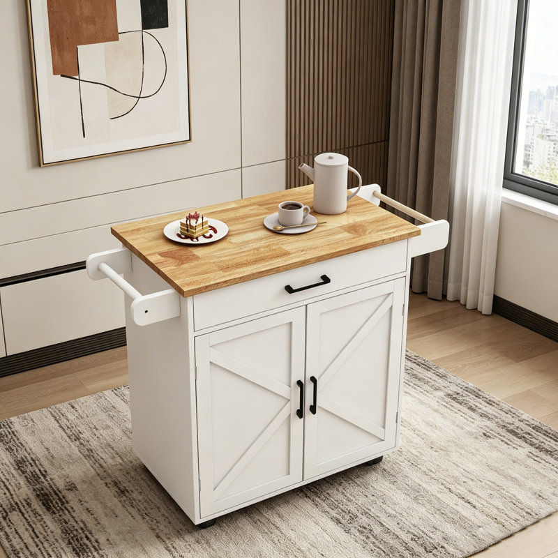 Adjustable Kitchen Island Trolley Cart with Towel and Seasoning Racks, Rubber Wood Top for Enhanced Functionality