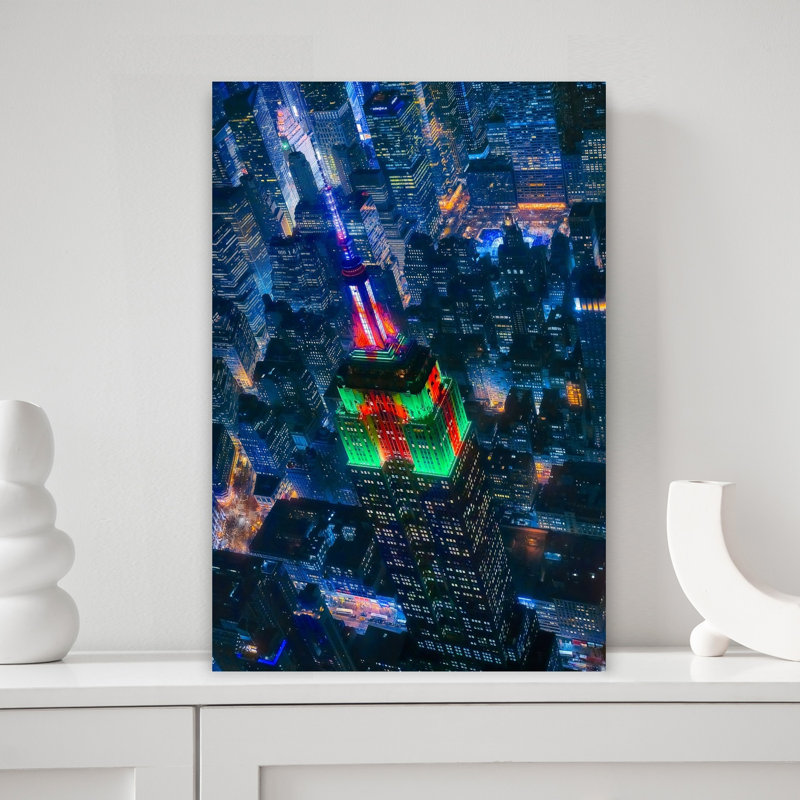 Empire State Night Lights Vibrant Abstract Contemporary City Landscape Wall Art Print 1 Piece Wrapped Canvas Wall Art