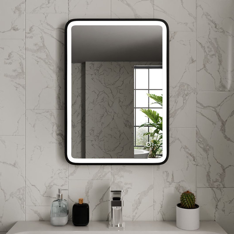 Rectangle LED Bathroom Mirror Fog Free Touch Sensor, 40 cm H x 60 cm W, Matt Black
