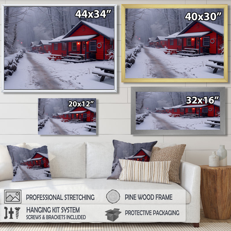 Rouge, blanc, hiver, hôtel, chalet douillet II - hôtels et loges, décoration murale, H 30 po x l 40 po, Encadrement argenté