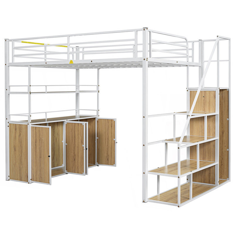 Lit mezzanine double en métal avec escalier de rangement et garde-robe, Blanc / Naturel